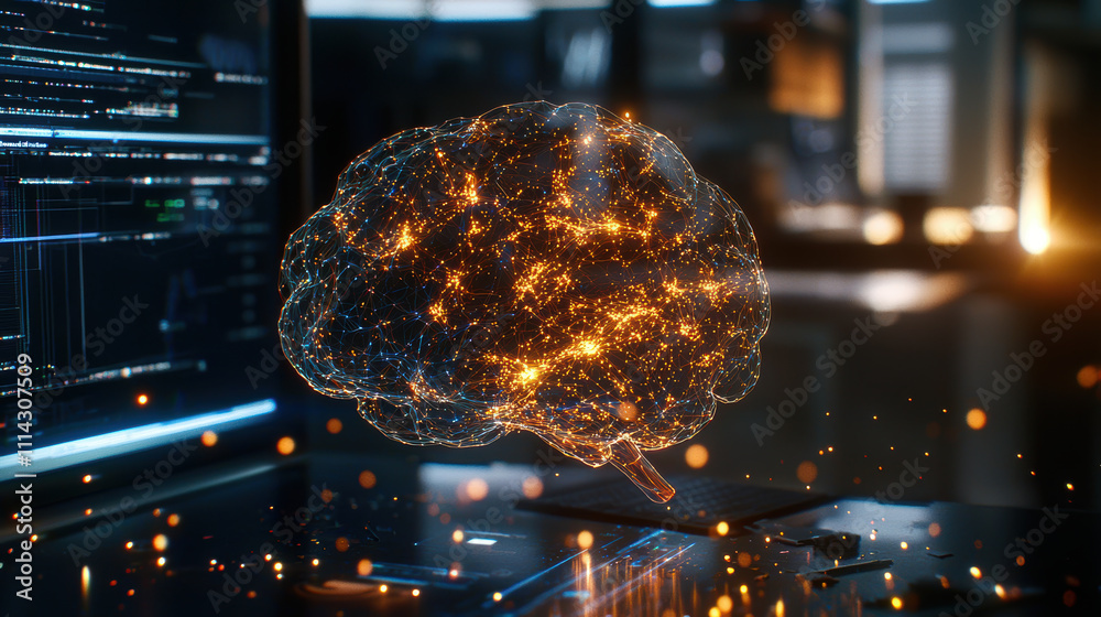 Poster 3d visualization of glowing brain representing artificial intelligence, surrounded by data streams a