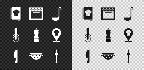 Fototapeta premium Set Cookbook, Oven, Kitchen ladle, Knife, colander, Fork, Pizza knife and Pepper icon. Vector