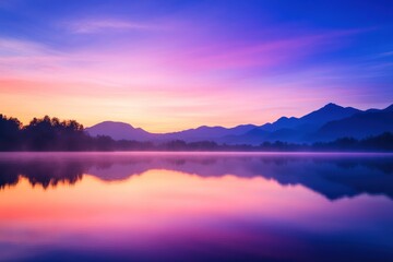 Fototapeta premium Serene Sunrise Over Misty Lake And Mountains