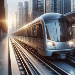 Naklejka premium close-up, city train with tinted windows, moving along a modern city street, photorealistic style