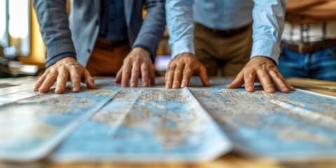 Obraz premium Construction planning session with team examining detailed blueprints on a table