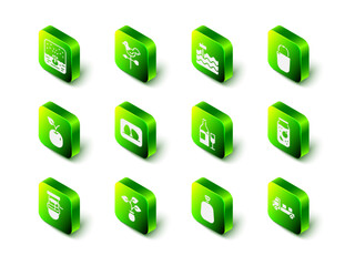 Set Rooster weather vane, Garden bed, Bucket, Jam jar, Pickup truck, Wine bottle with glass, Full sack and Plant icon. Vector