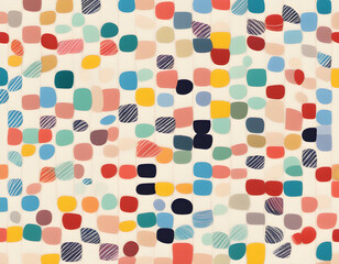 Fototapeta premium Multicolored curved checkered lines and confetti, polka dots, striped pattern on a light background