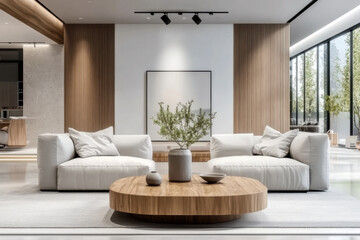 living room with Wooden coffee table  Interior design of modern style