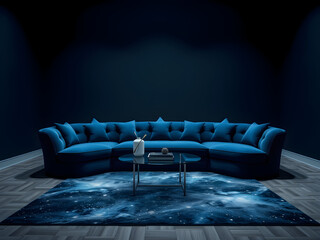 Sofa in midnight blue Pair it with a glass coffee table, cosmic rug, and simple dark gray walls.