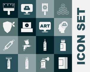 Set Spiral notebook, Paint, gouache, jar, dye, Spray can nozzle cap, Vandal, brush and Speech bubble with text art icon. Vector