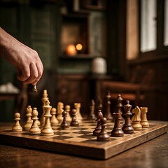 An intense chess game in progress, set in a dimly lit room with a vintage aesthetic