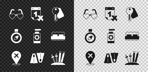 Set Heart shaped love glasses, Calendar and airplane, Hotel door lock key, Plane, Rubber flippers for swimming, Ski sticks, Compass and Sunscreen spray bottle icon. Vector © Vadim