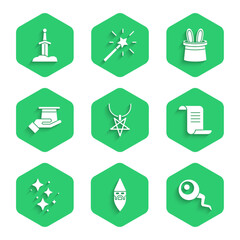 Set Pentagram on necklace, Wizard warlock, Eye, Ancient magic book, Sparkle stars with, Magician hat in hand, rabbit ears and Sword the stone icon. Vector