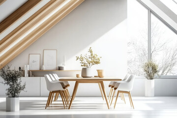 Dining table and chairs in attic with wood beams. Scandinavian interior design