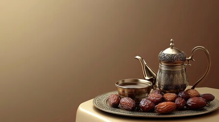 Fototapeta premium Traditional arabic coffee with dates . Ramadan decor with Arabian coffee set 