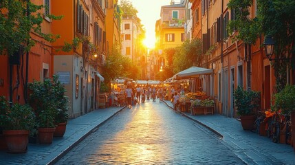 Fototapeta premium Golden Hour Glow on Charming Cobblestone Street in Historic European Neighborhood with Vibrant Atmosphere and Lively Outdoor Dining Scene