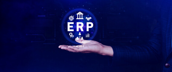 ERP Concept, Enterprise resource planning concept, analyzing ERP system on virtual screen, Connections between business intelligence, HR and CRM modules.