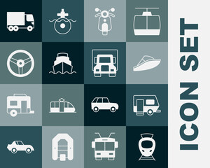 Set Tram and railway, Rv Camping trailer, Speedboat, Scooter, Cruise ship, Steering wheel, Delivery cargo truck and icon. Vector