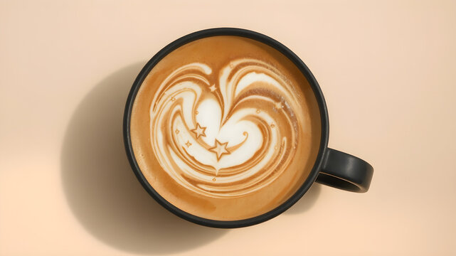 A mesmerizing latte art design of a swirling galaxy with stars and planets, crafted with intricate foam textures on a smooth coffee base, in a matte black cup on a soft beige background, rendered in u