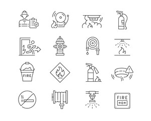 Fire Safety Icon collection containing 16 editable stroke icons. Perfect for logos, stats and infographics. Edit the thickness of the line in Adobe Illustrator (or any vector capable app).
