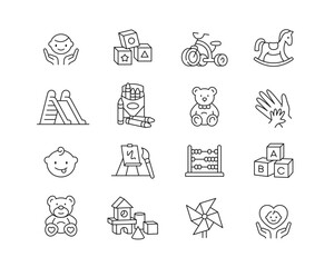 Childcare and Preschool Icon collection containing 16 editable stroke icons. Perfect for logos, stats and infographics. Edit the thickness of the line in Adobe Illustrator (or any vector capable app).