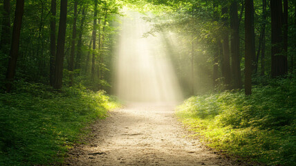 Obraz premium serene forest path illuminated by soft light filtering through trees, creating tranquil atmosphere. lush greenery and gentle rays evoke sense of peace and wonder