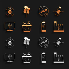 Set Recycle bin, The problem of pollution, Plant recycling garbage, Eco nature leaf battery, Location with, Electric saving plug, Apple core and Tree icon. Vector