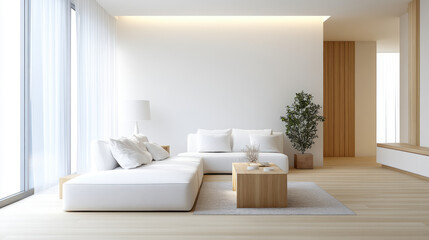 minimalistic white and wood style living room with white sofa