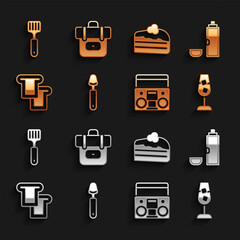 Set Spoon, Thermos container, Wine glass, Home stereo with two speakers, Bread toast, Piece of cake, Spatula and Hiking backpack icon. Vector
