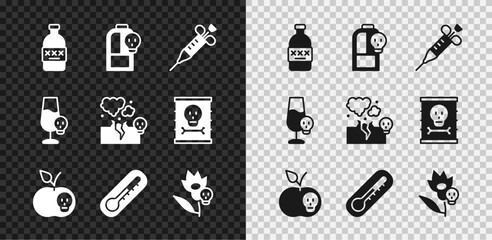 Set Poisoned alcohol, Beaker with toxic liquid, Syringe, apple, Thermometer, flower, and Poisonous cloud of gas or smoke icon. Vector