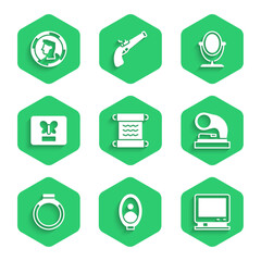 Set Papyrus scroll, Portrait picture in museum, Retro tv, Old gramophone, Gold ring, Butterfly frame, Round makeup mirror and Ancient coin icon. Vector