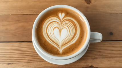 A stunning 3D render of latte art in the shape of a detailed heart design, with intricate foam texture and soft gradient brown coffee base, presented in a white ceramic cup on a wooden table, ultra-de