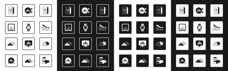 Set Gold bars 24k, Wrist watch, Safe with gold, Falling arrow, Jewelry store, nugget and icon. Vector