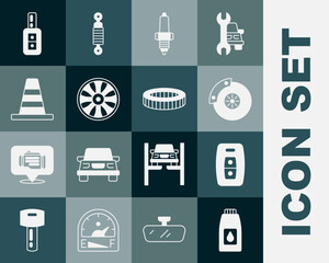 Set Canister for motor machine oil, Car key with remote, brake disk caliper, spark plug, Alloy wheel car, Traffic cone, and air filter icon. Vector