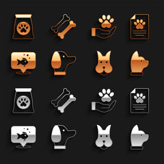 Set Dog, Medical clinical record pet, Cat, Fish, Hands with animals footprint, Bag of food for and bone icon. Vector
