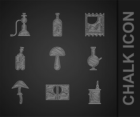 Set Psilocybin mushroom, Stacks paper money cash, Electronic cigarette, Glass bong for smoking marijuana, Bong, LSD acid mark and Hookah icon. Vector