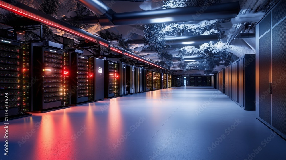 Poster high-tech data center with advanced server racks illuminated in dim light during nighttime operation