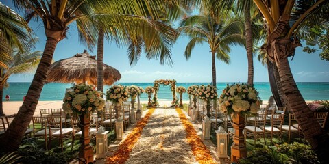Wedding ceremony at a scenic beach venue surrounded by palm trees and floral decorations