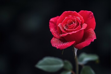 Fototapeta premium A Single Dew Kissed Red Rose Blooms Darkly
