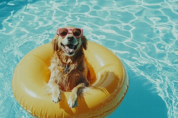 A delightful dog rests in an inflatable summer pool ring.