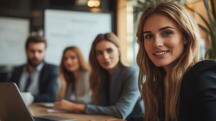Fototapeta premium Confident Businesswoman Leading Team Video Conference Meeting in Hotel