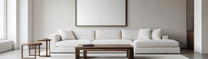 Minimalist living room with a white sofa, modern decor, and large empty frame for artwork, creating a serene and elegant atmosphere.