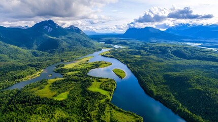 Vibrant Green Ecosystem with Rivers and Forests Viewed from Above
