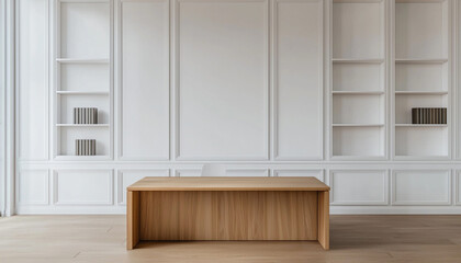 Fototapeta premium Minimalist office room with a wooden desk and white bookshelves, promoting an organized and modern workspace atmosphere.