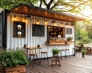 Fototapeta premium Rustic shipping container ice cream parlor, surrounded by wildflowers and greenery, wooden deck seating, countryside setting, soft evening light
