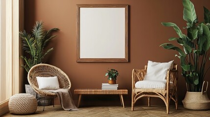 Cozy Living Room with Wicker Chairs and Tropical Plants