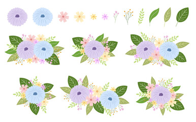 Set of colorful floral elements and decorations. Vector floral arrangements for greeting card, invitation design or wedding concept