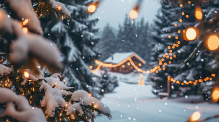 Festive Christmas winter background with snow-covered pine trees, twinkling lights, and a cozy cabin in the distance