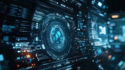 Obraz premium High-tech digital display showing global data and interconnected systems in a modern control room environment