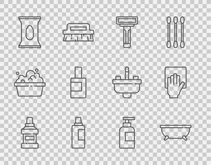 Set line Mouthwash bottle, Bathtub, Shaving razor, Bottle for cleaning agent, Wet wipe pack, of shampoo and Cleaning service icon. Vector