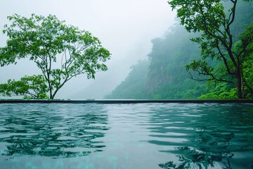 Serene Infinity Pool Landscape Misty Mountains Lush Trees Tranquil Water
