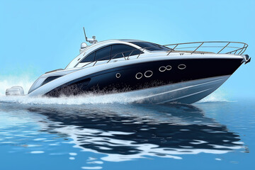 A sleek, modern motor yacht speeding across the water, creating a dynamic and energetic scene with splashes and reflections.