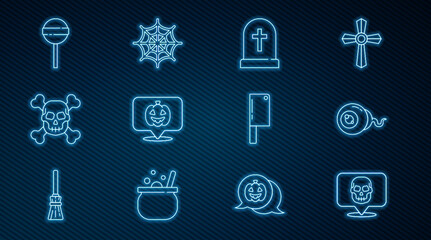 Set line Skull, Eye, Tombstone with cross, Pumpkin, crossbones, Lollipop, Meat chopper and Spider web icon. Vector