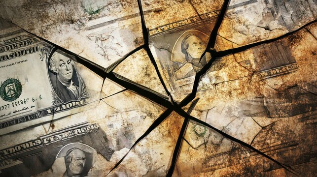 A cracked stock market chart with plummeting lines and broken currency symbols.